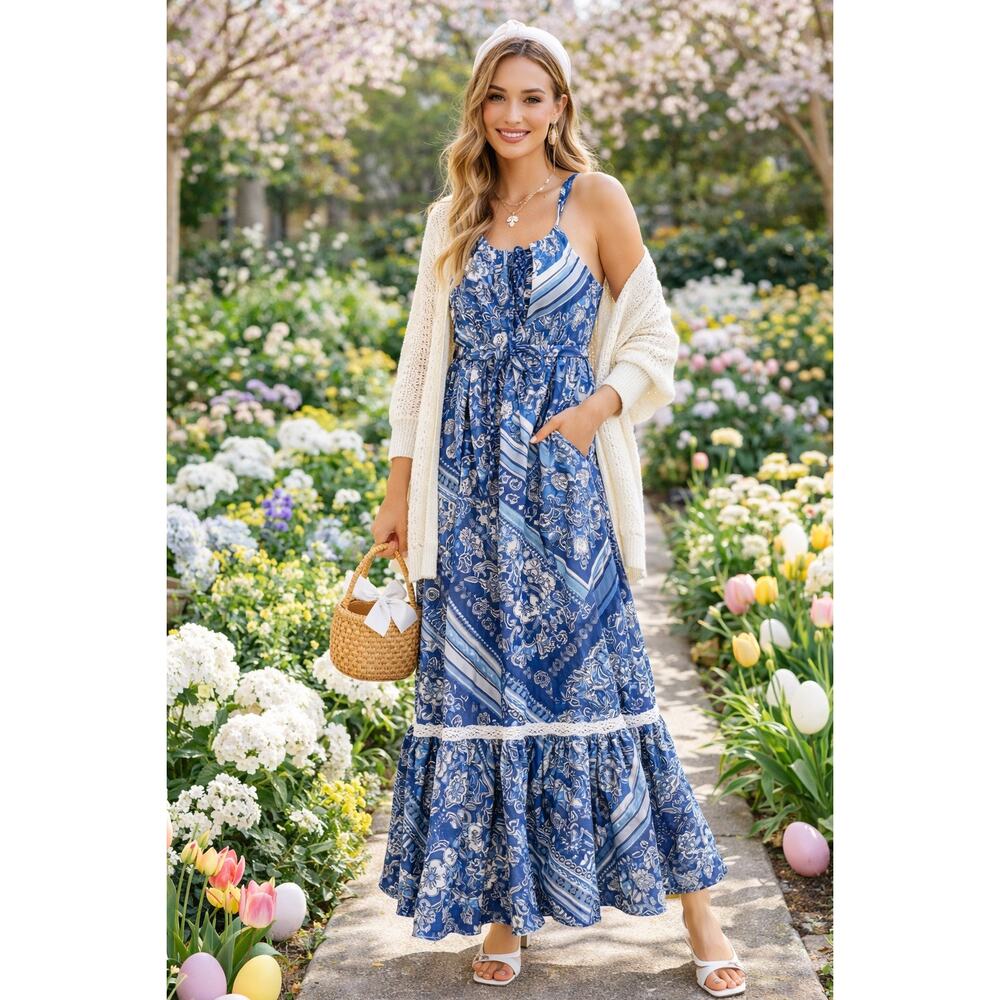 Lucky Brand Blue Paisley Halter Maxi Dress‎ Womens Small Cotton Boho Flowy
